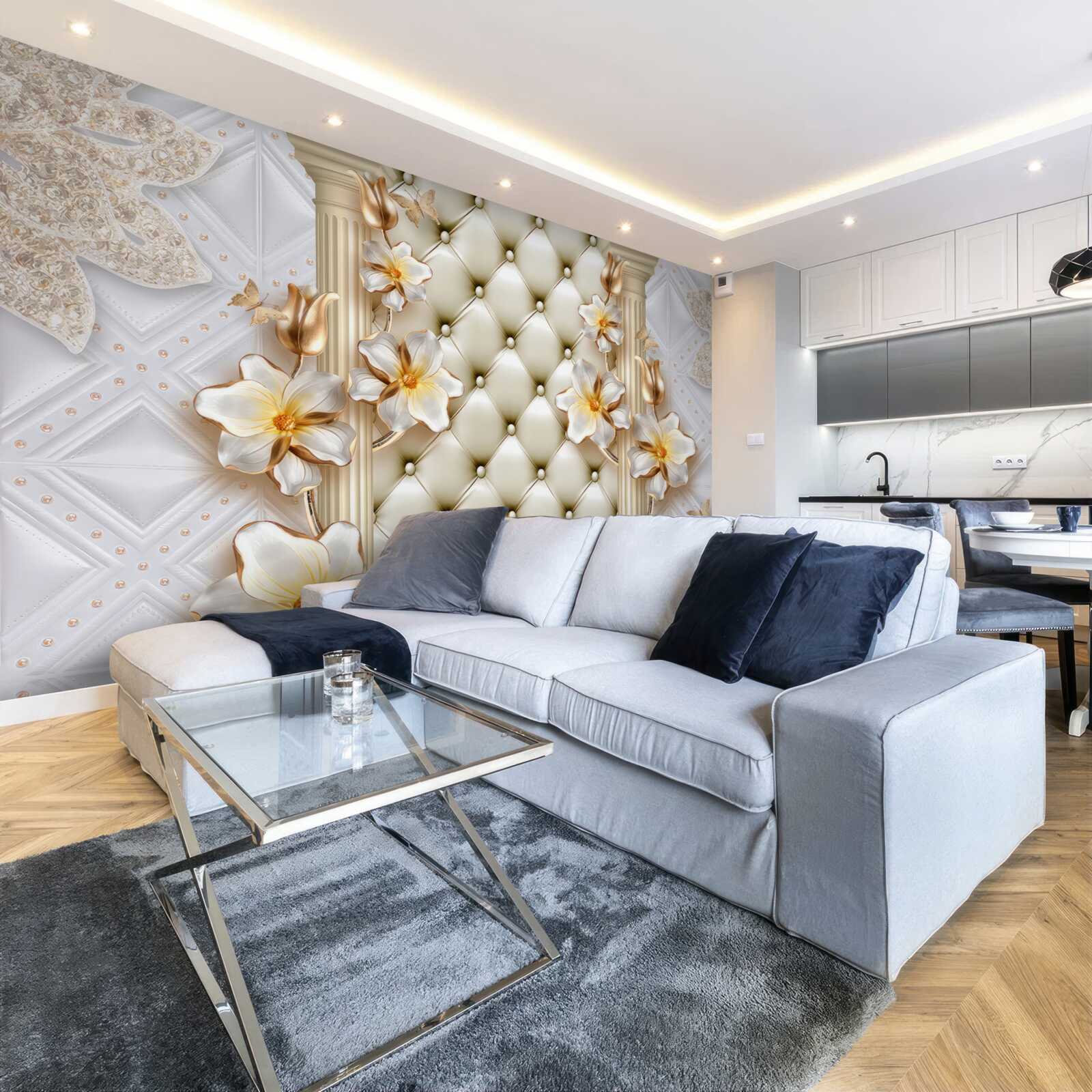 Fotobehang muur versierd met gequilte elementen in bloemenkleuren