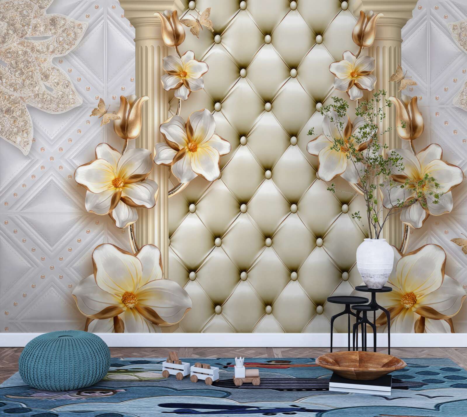 Fotobehang muur versierd met gequilte elementen in bloemenkleuren