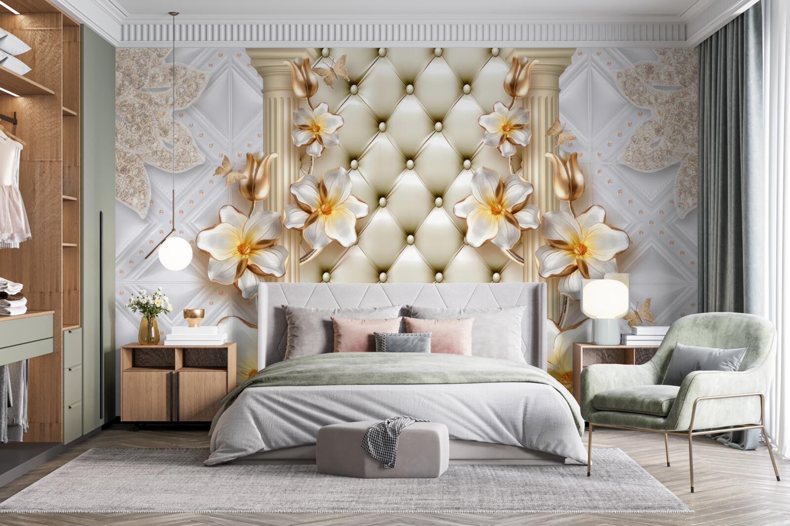 Fotobehang muur versierd met gequilte elementen in bloemenkleuren