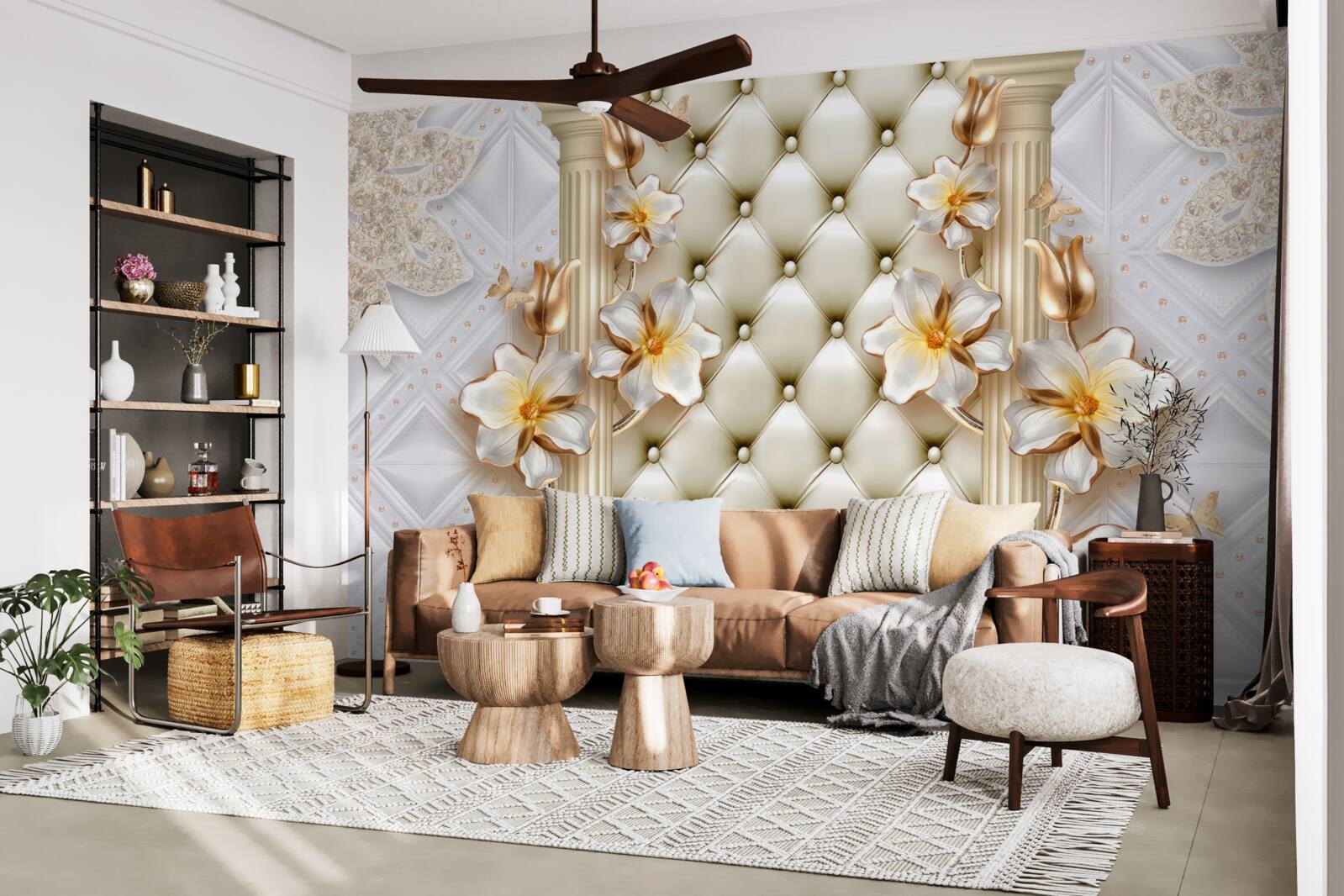 Fotobehang muur versierd met gequilte elementen in bloemenkleuren