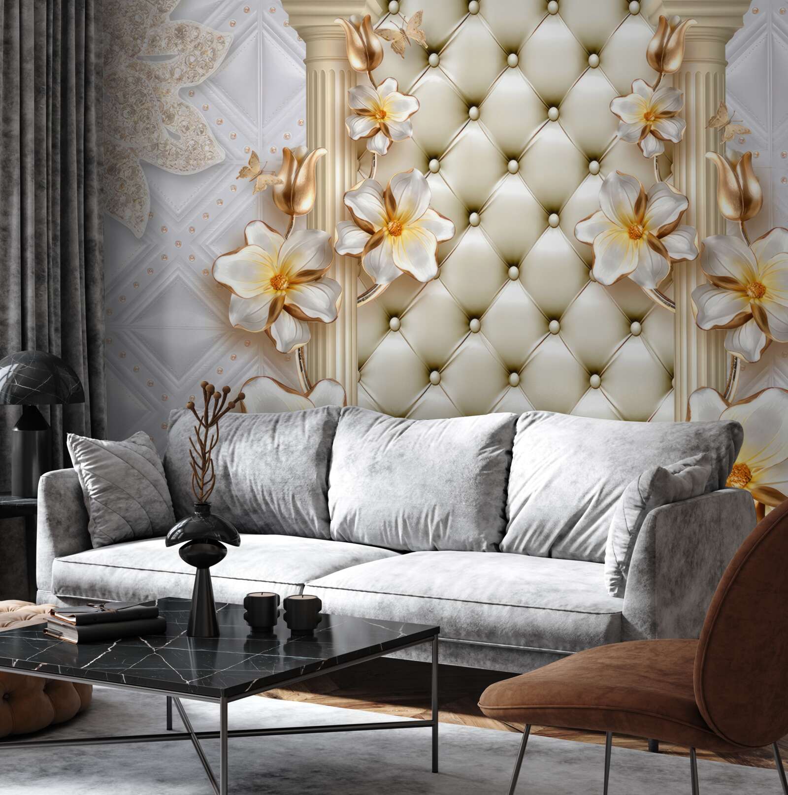 Fotobehang muur versierd met gequilte elementen in bloemenkleuren