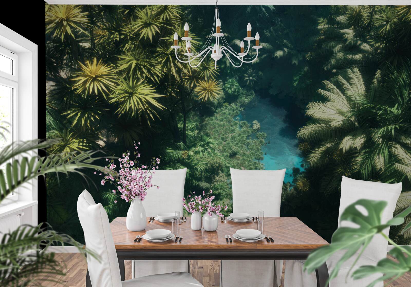 Fotobehang panoramisch uitzicht op het gebladerte en het wateroppervlak van bovenaf