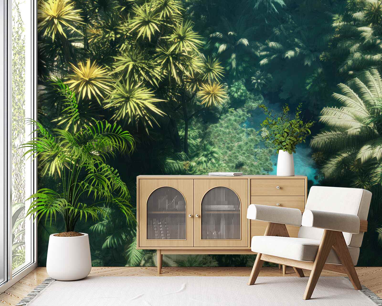 Fotobehang panoramisch uitzicht op het gebladerte en het wateroppervlak van bovenaf