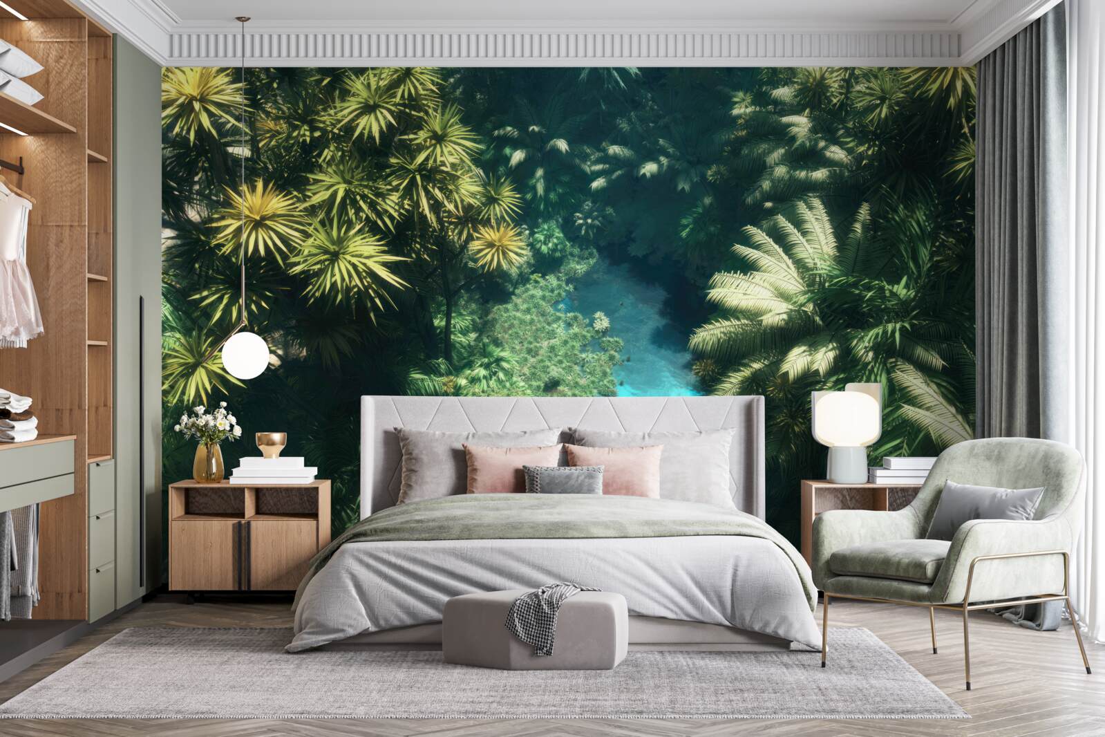 Fotobehang panoramisch uitzicht op het gebladerte en het wateroppervlak van bovenaf