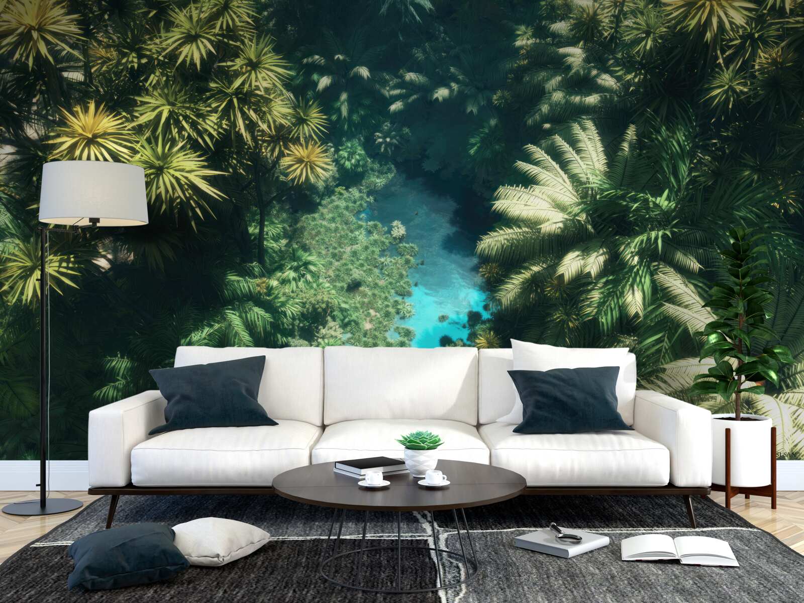 Fotobehang panoramisch uitzicht op het gebladerte en het wateroppervlak van bovenaf