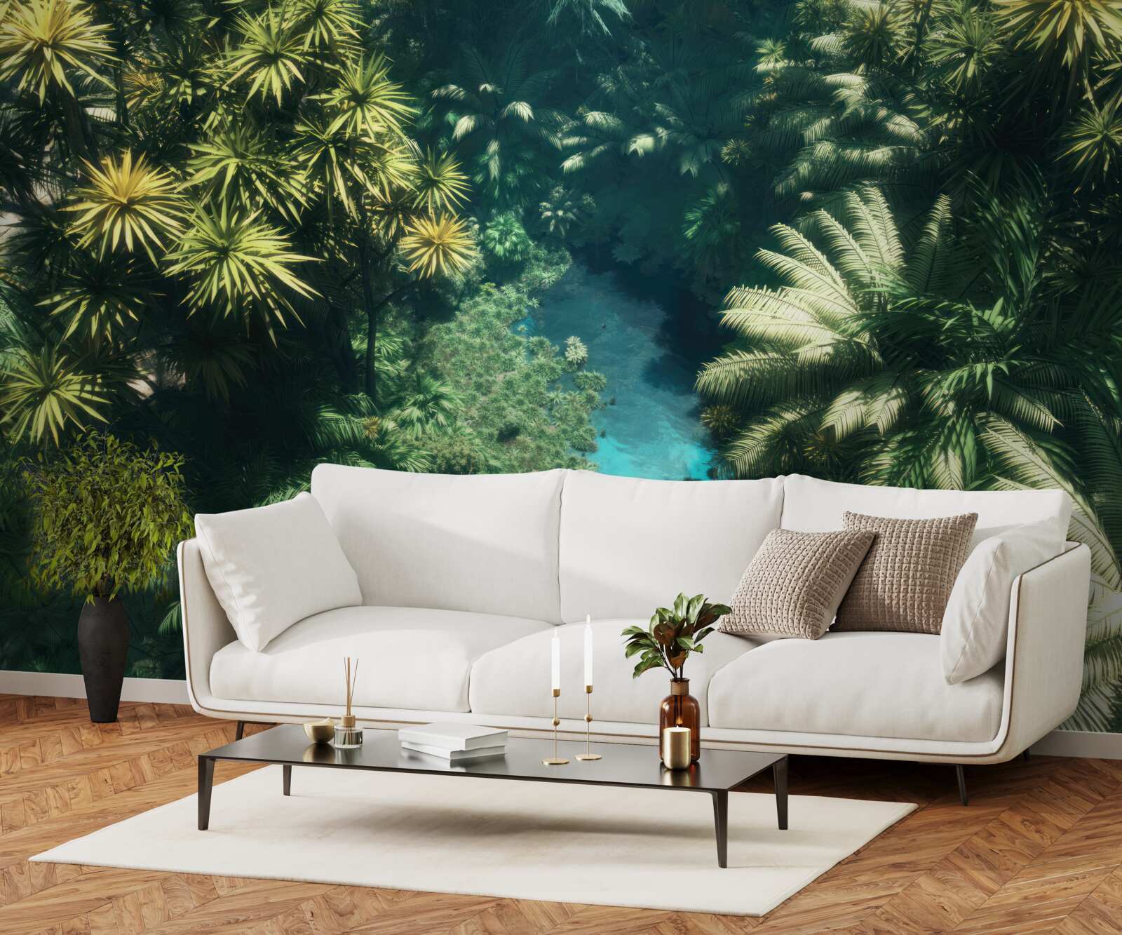 Fotobehang panoramisch uitzicht op het gebladerte en het wateroppervlak van bovenaf