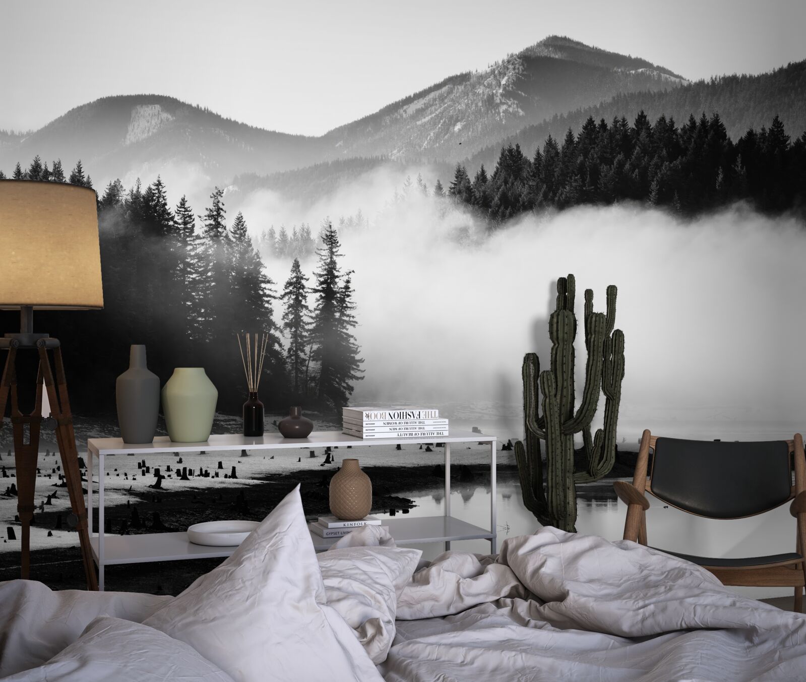 Fotobehang besneeuwde toppen gehuld in mist