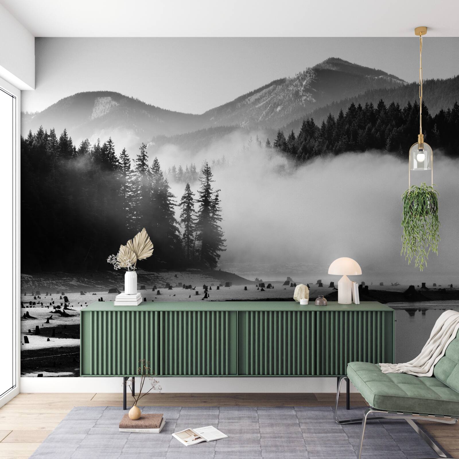 Fotobehang besneeuwde toppen gehuld in mist