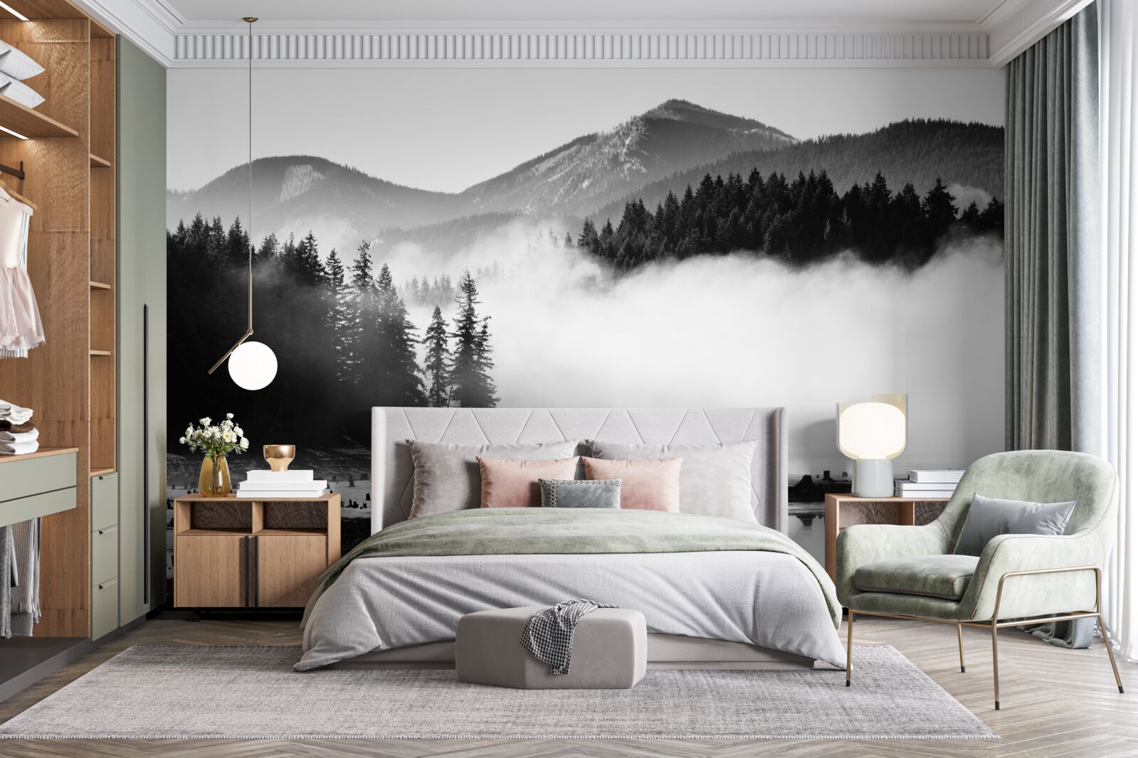 Fotobehang besneeuwde toppen gehuld in mist