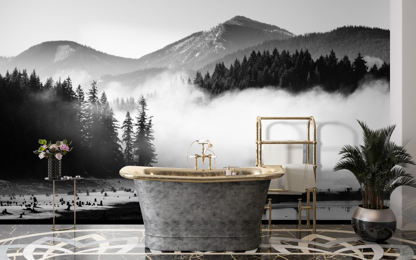 Fotobehang besneeuwde toppen gehuld in mist