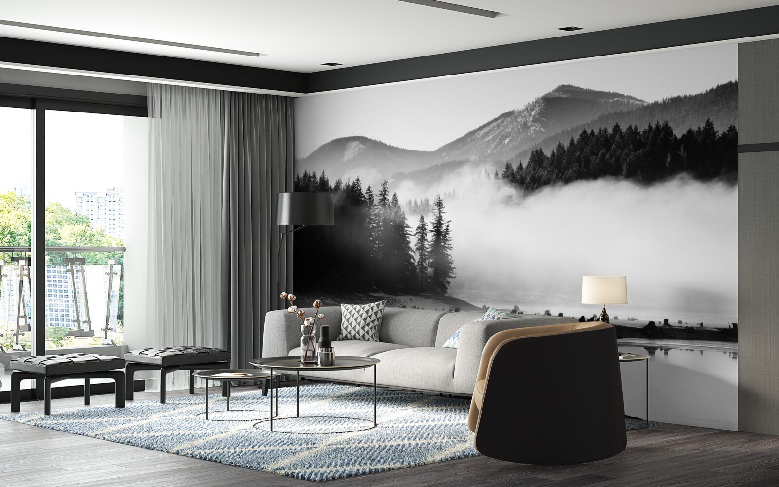 Fotobehang besneeuwde toppen gehuld in mist