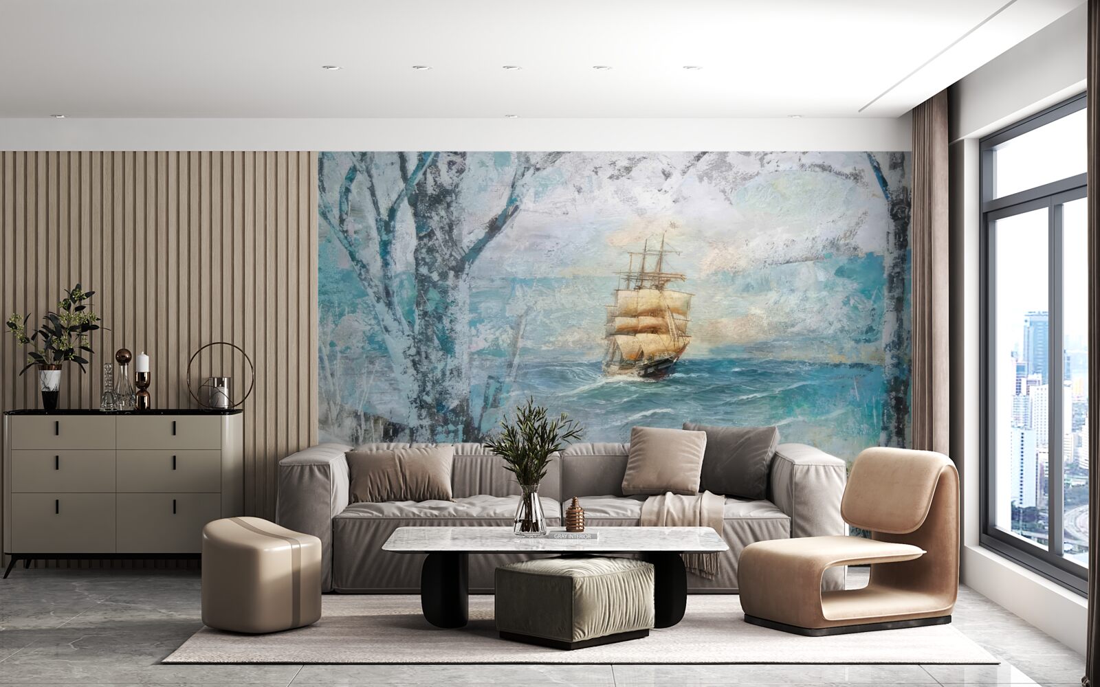 Fotobehang beeld van een schip onder zeil op de oceaan