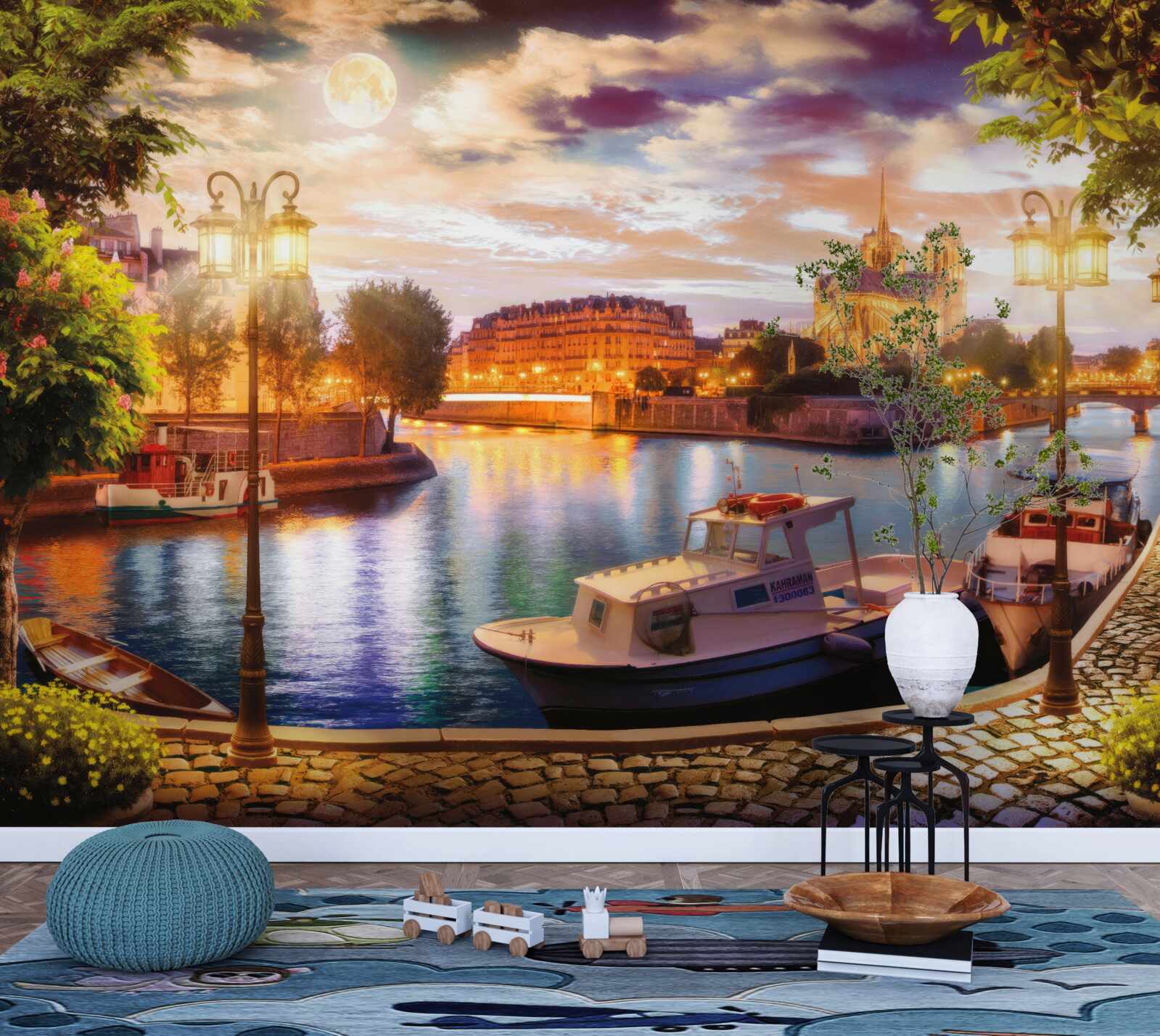 Fotobehang jachten aangemeerd in de stadshaven