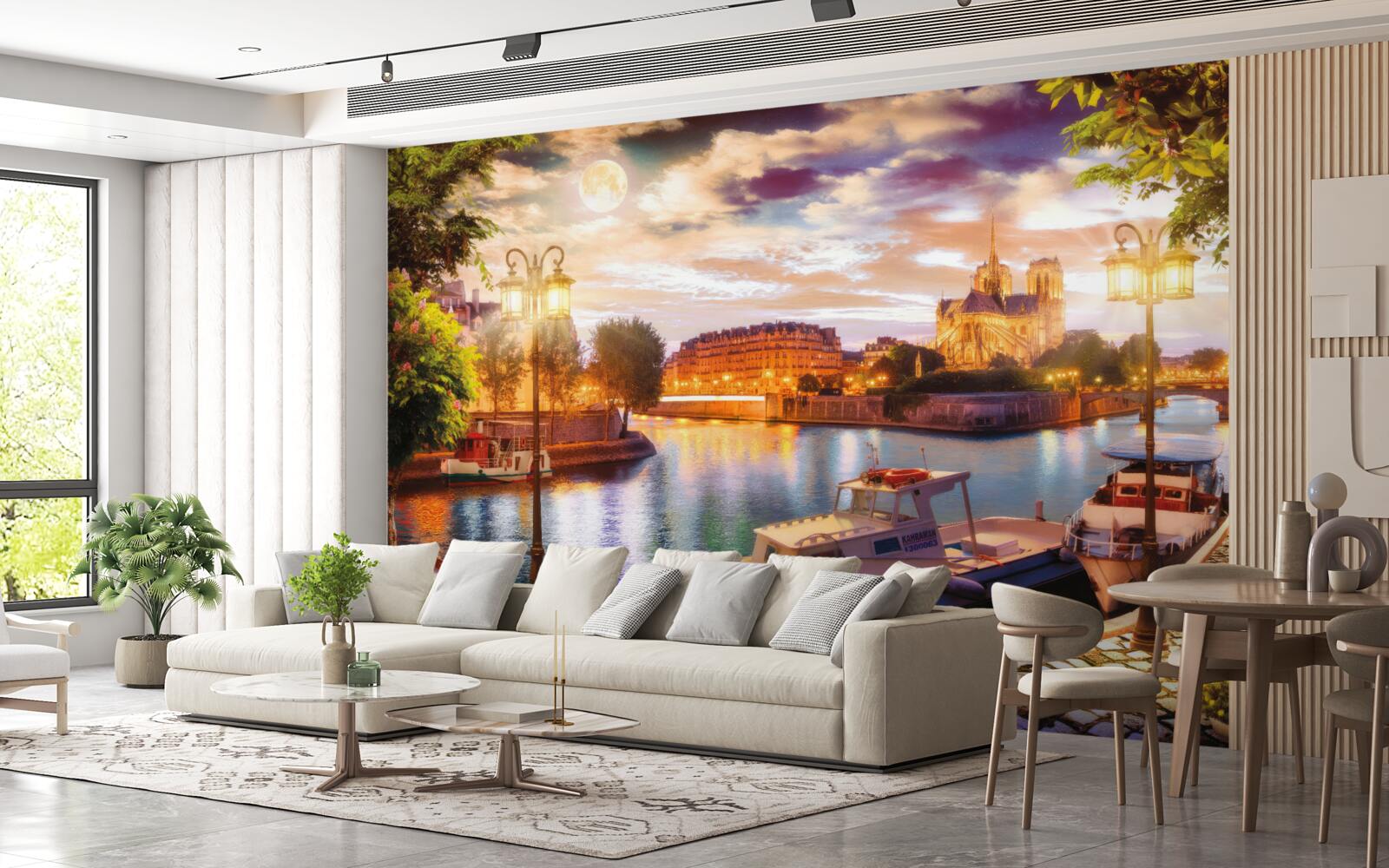 Fotobehang jachten aangemeerd in de stadshaven