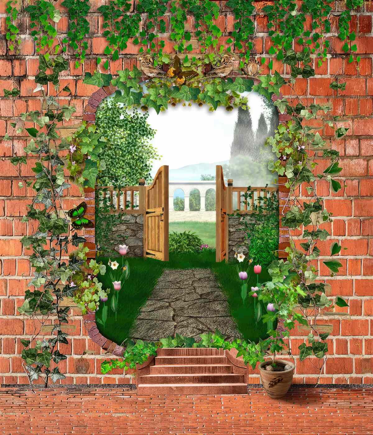 Fotobehang een gat in de muur dat de weg opent naar een geheime wereld