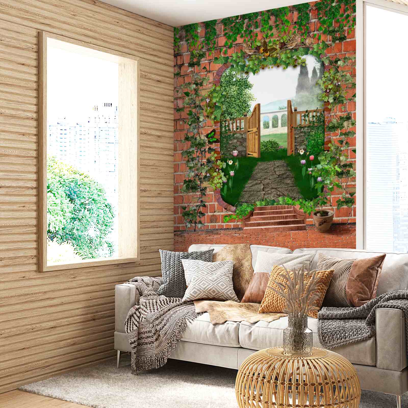 Fotobehang een gat in de muur dat de weg opent naar een geheime wereld