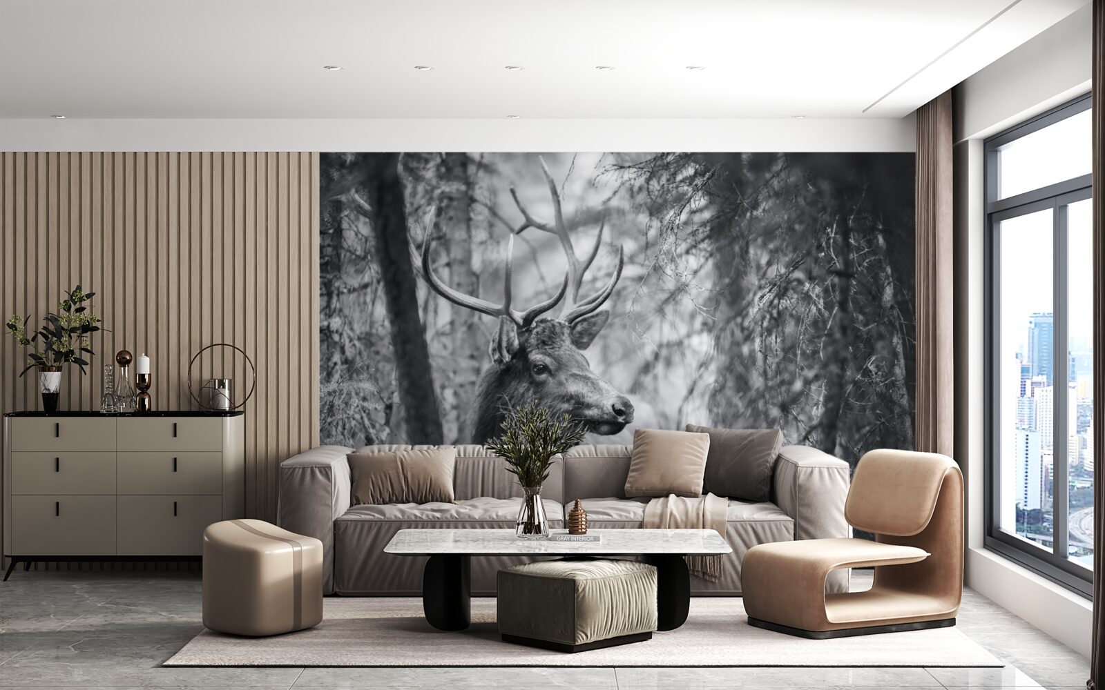 Fotobehang een boshert met horens vormt een pad