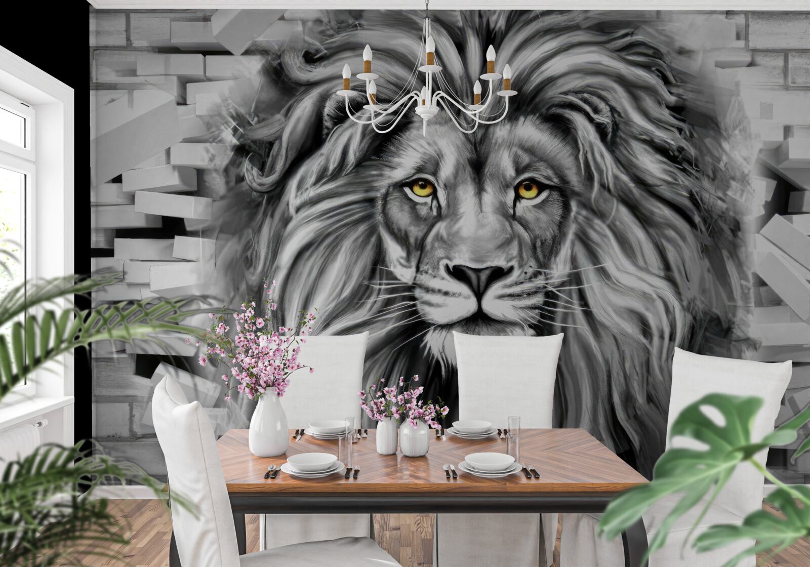 Fotobehang leeuwengezicht in zwart-wit