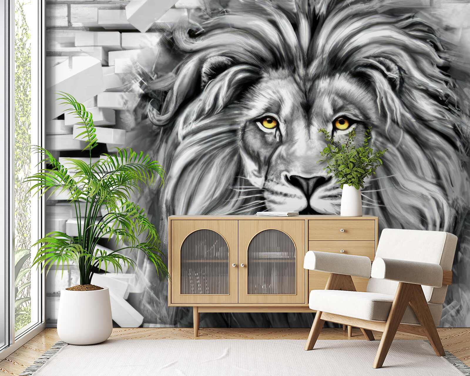 Fotobehang leeuwengezicht in zwart-wit