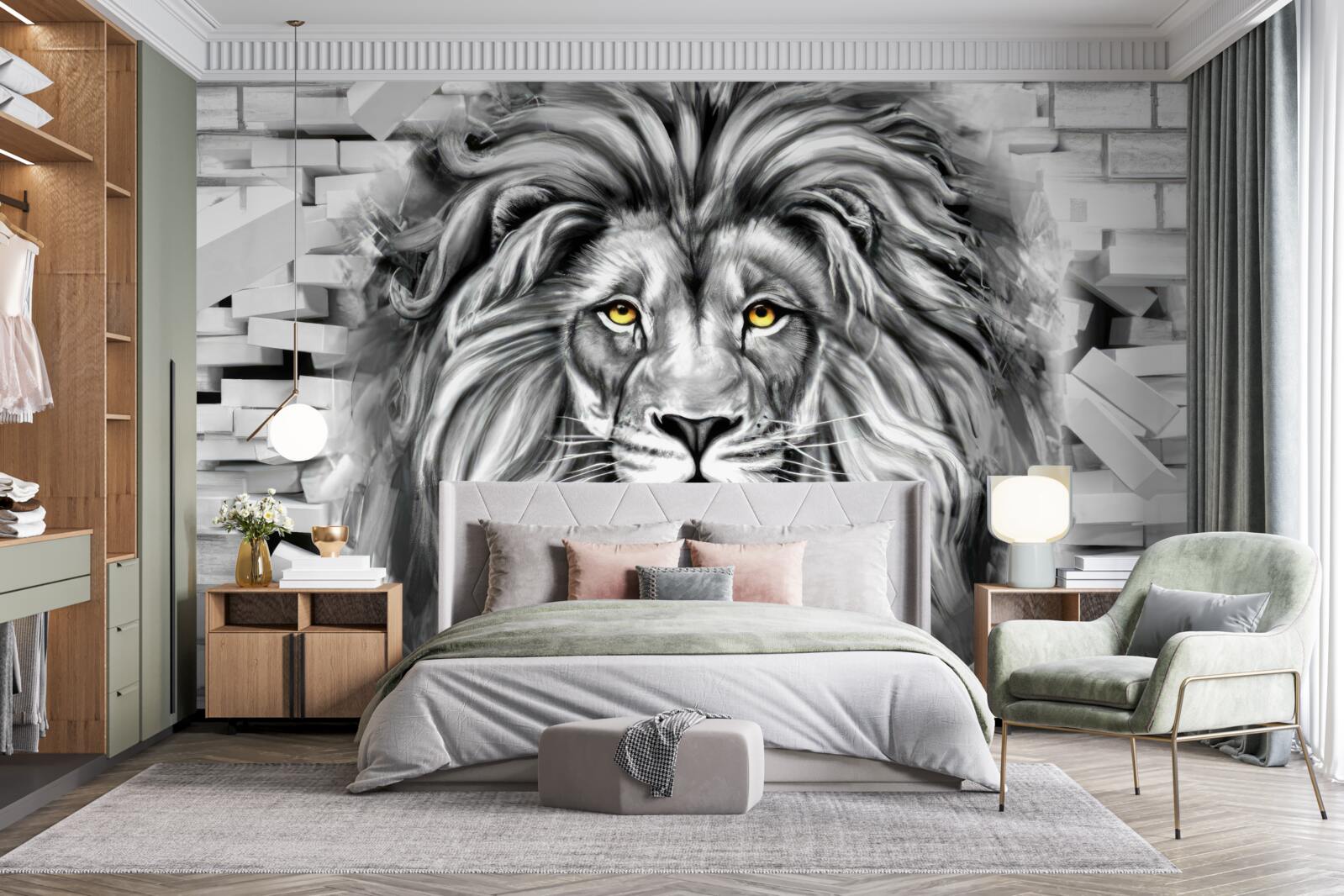 Fotobehang leeuwengezicht in zwart-wit