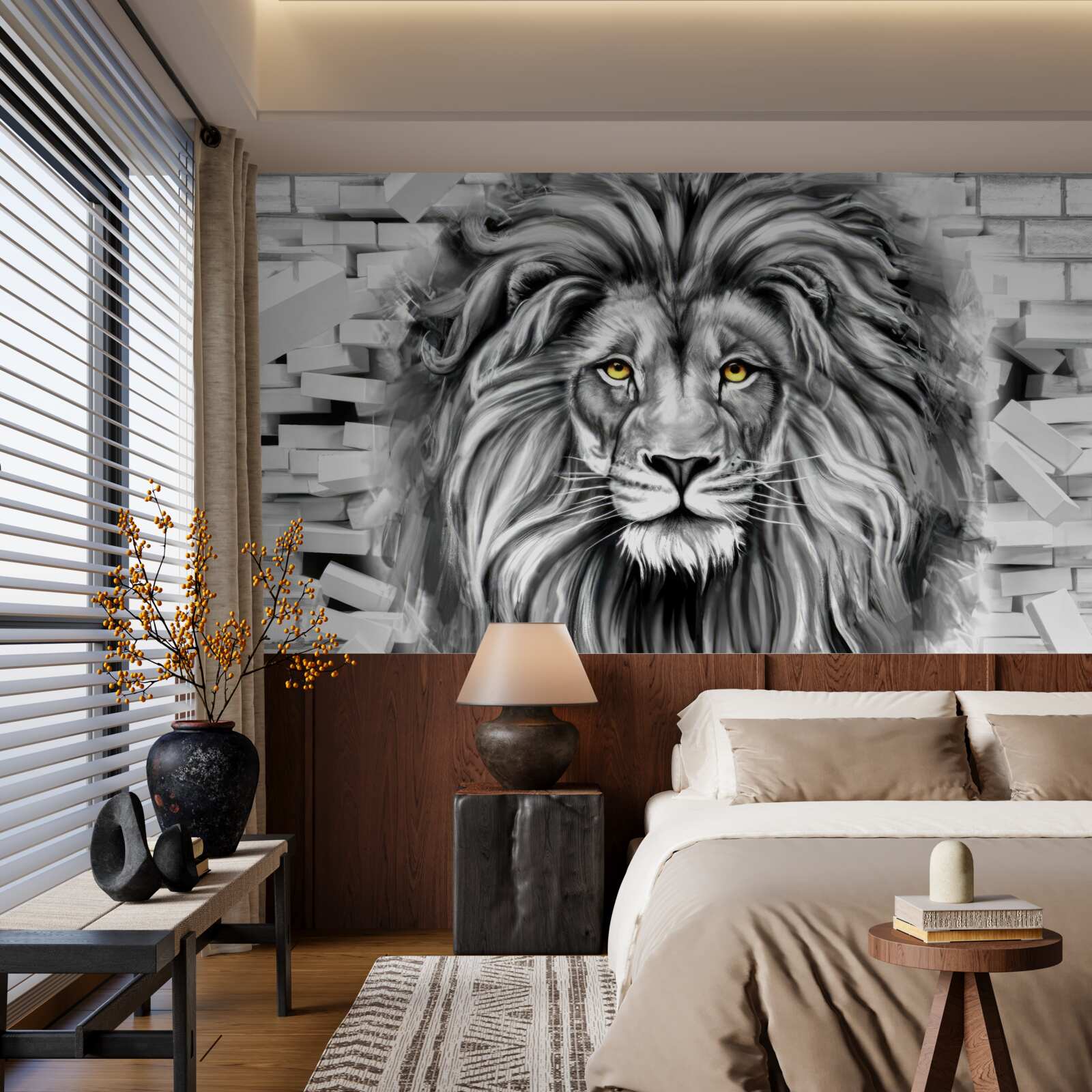 Fotobehang leeuwengezicht in zwart-wit