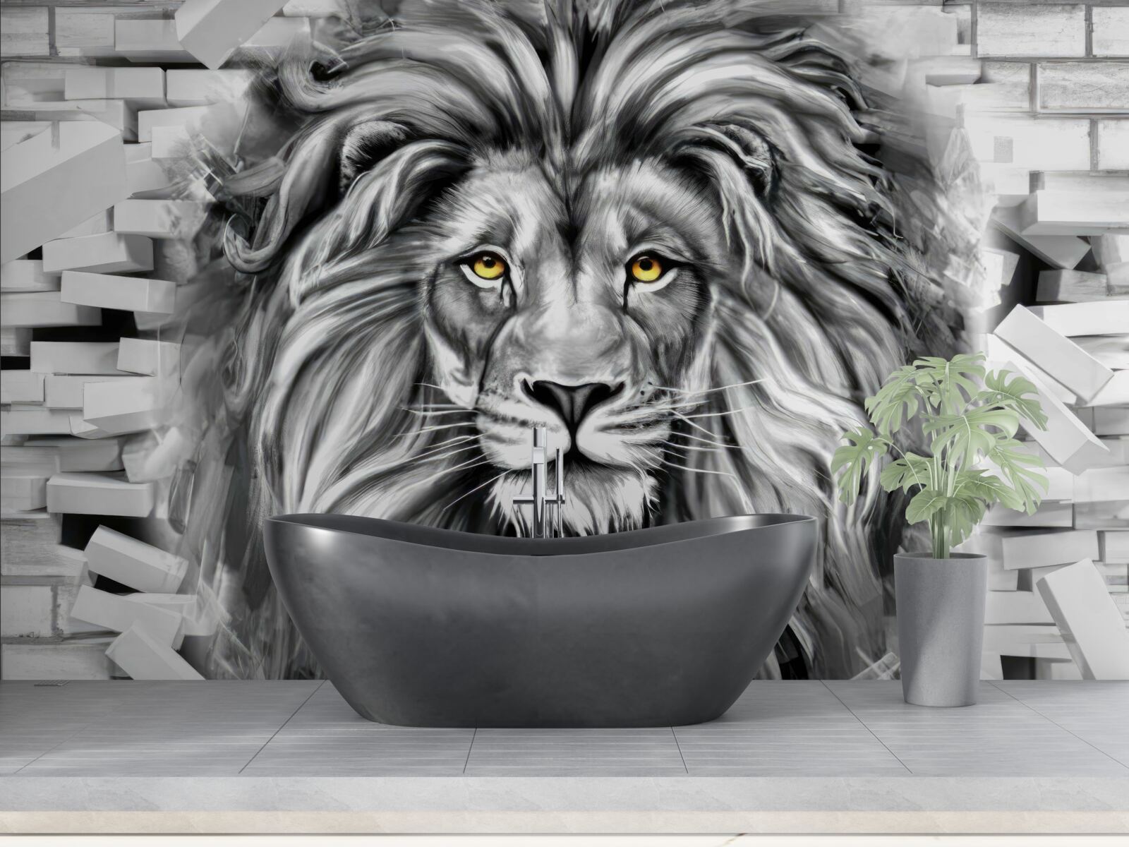 Fotobehang leeuwengezicht in zwart-wit