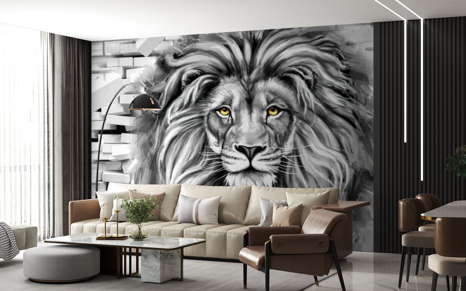 Fotobehang leeuwengezicht in zwart-wit