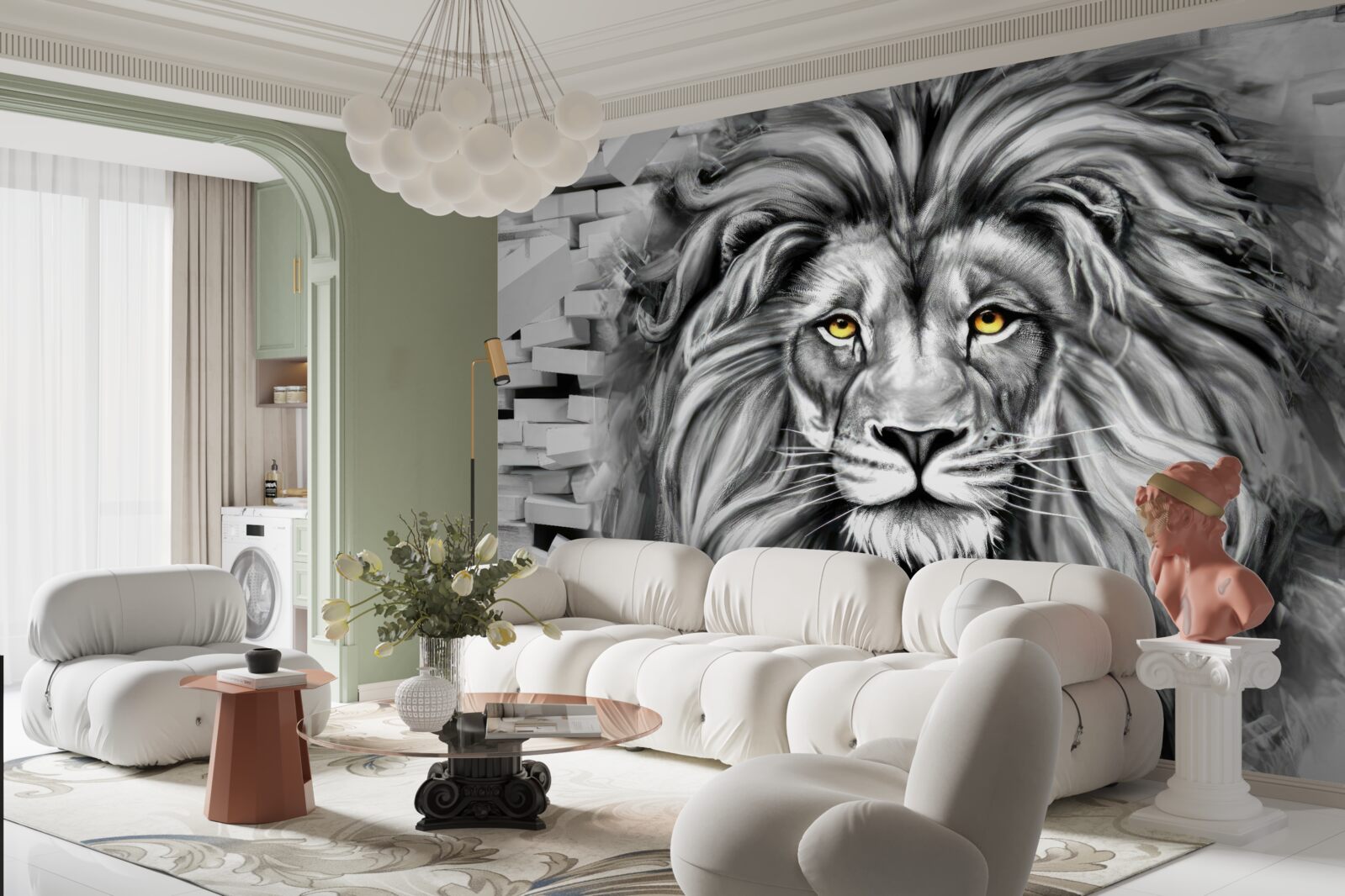 Fotobehang leeuwengezicht in zwart-wit