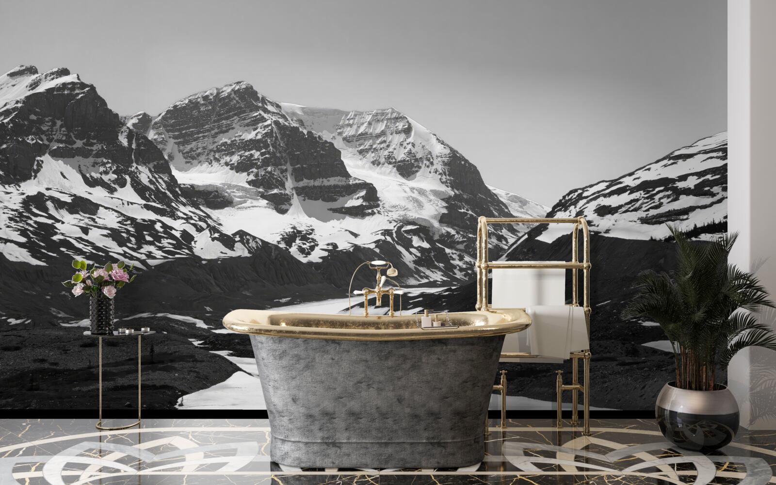 Fotobehang zwart-wit afbeelding van bergen