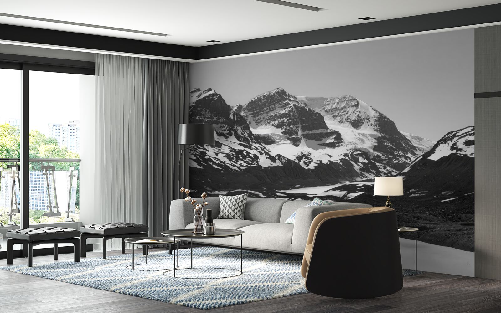 Fotobehang zwart-wit afbeelding van bergen