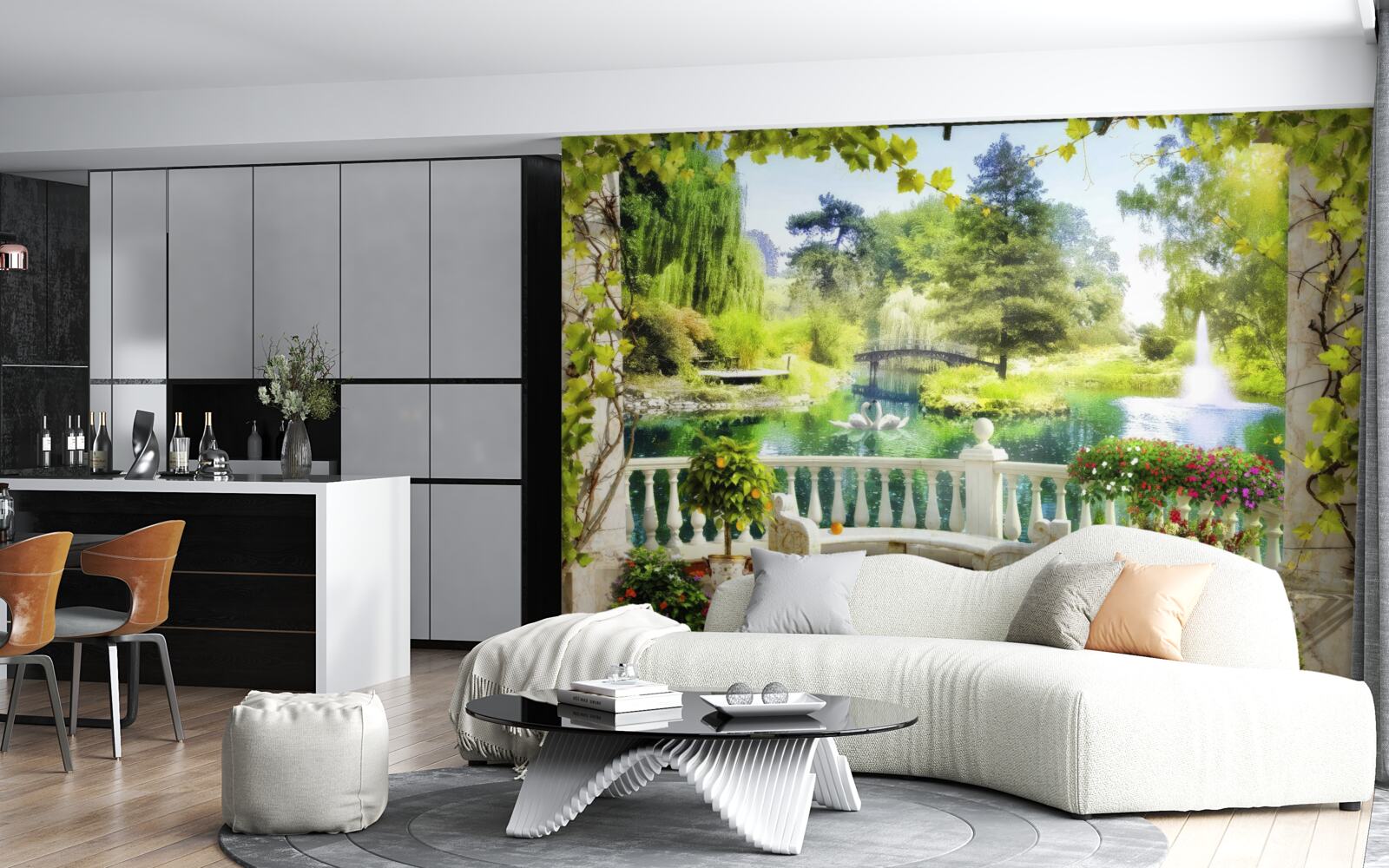 Fotobehang een raam met uitzicht op een waterval en zwemmende zwanen