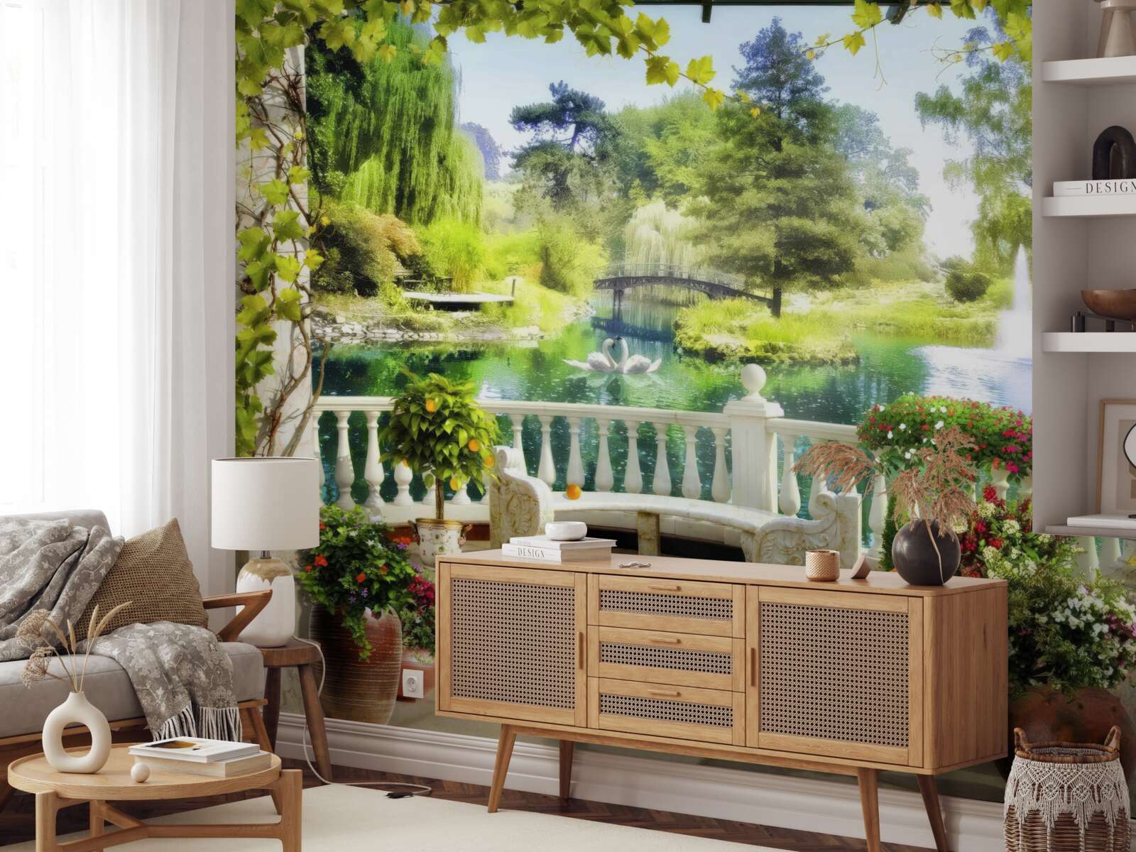 Fotobehang een raam met uitzicht op een waterval en zwemmende zwanen