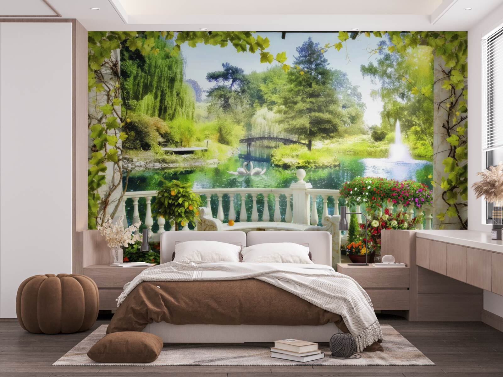 Fotobehang een raam met uitzicht op een waterval en zwemmende zwanen