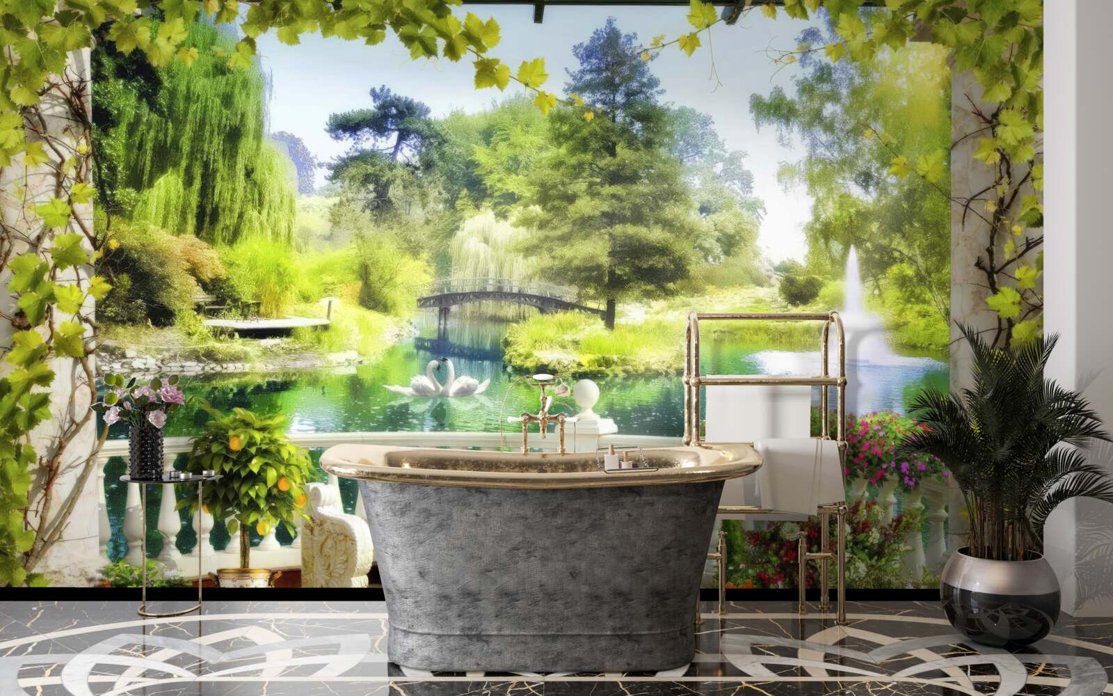 Fotobehang een raam met uitzicht op een waterval en zwemmende zwanen