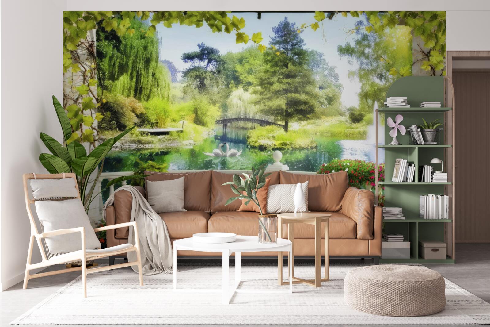 Fotobehang een raam met uitzicht op een waterval en zwemmende zwanen