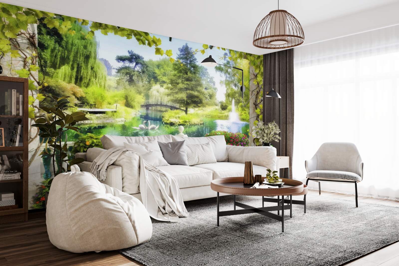 Fotobehang een raam met uitzicht op een waterval en zwemmende zwanen