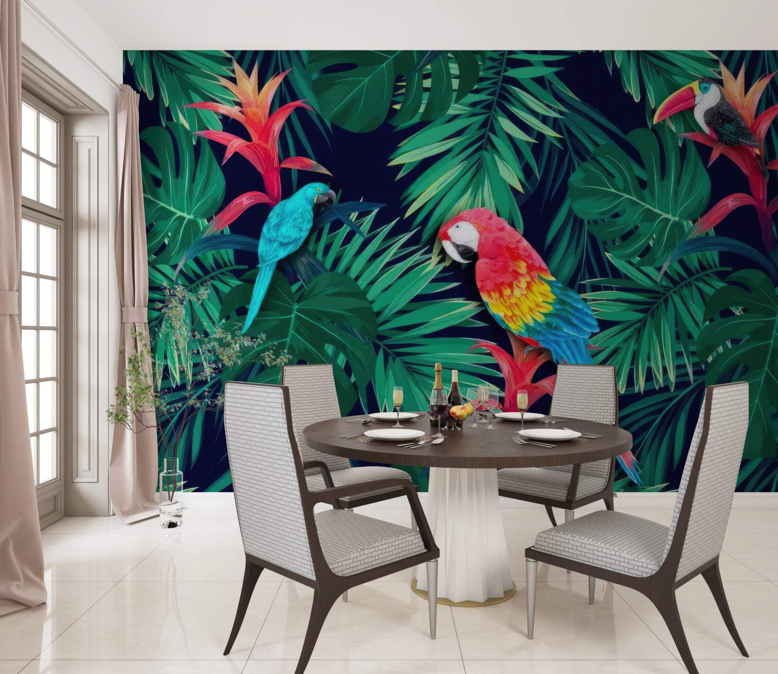 Fotobehang papegaaien op grote smaragdgroene bladeren