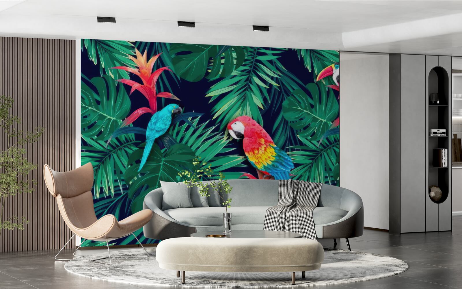 Fotobehang papegaaien op grote smaragdgroene bladeren