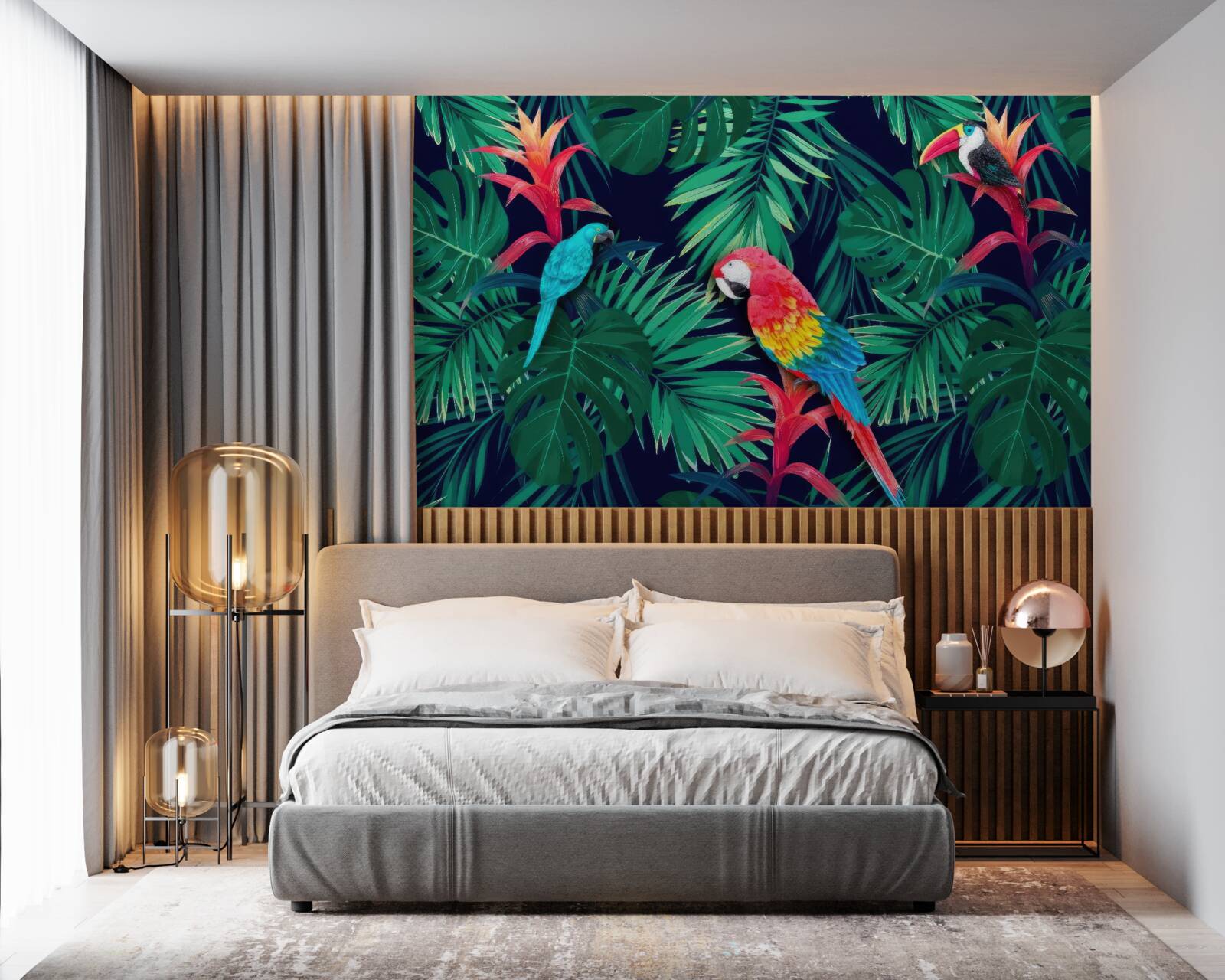 Fotobehang papegaaien op grote smaragdgroene bladeren