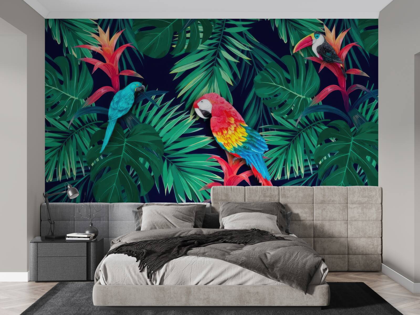 Fotobehang papegaaien op grote smaragdgroene bladeren