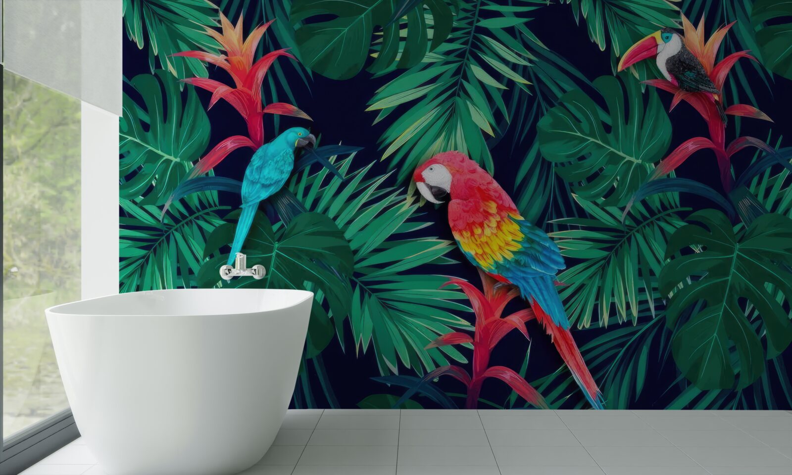 Fotobehang papegaaien op grote smaragdgroene bladeren