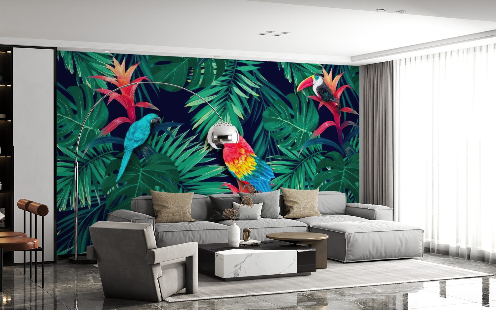 Fotobehang papegaaien op grote smaragdgroene bladeren