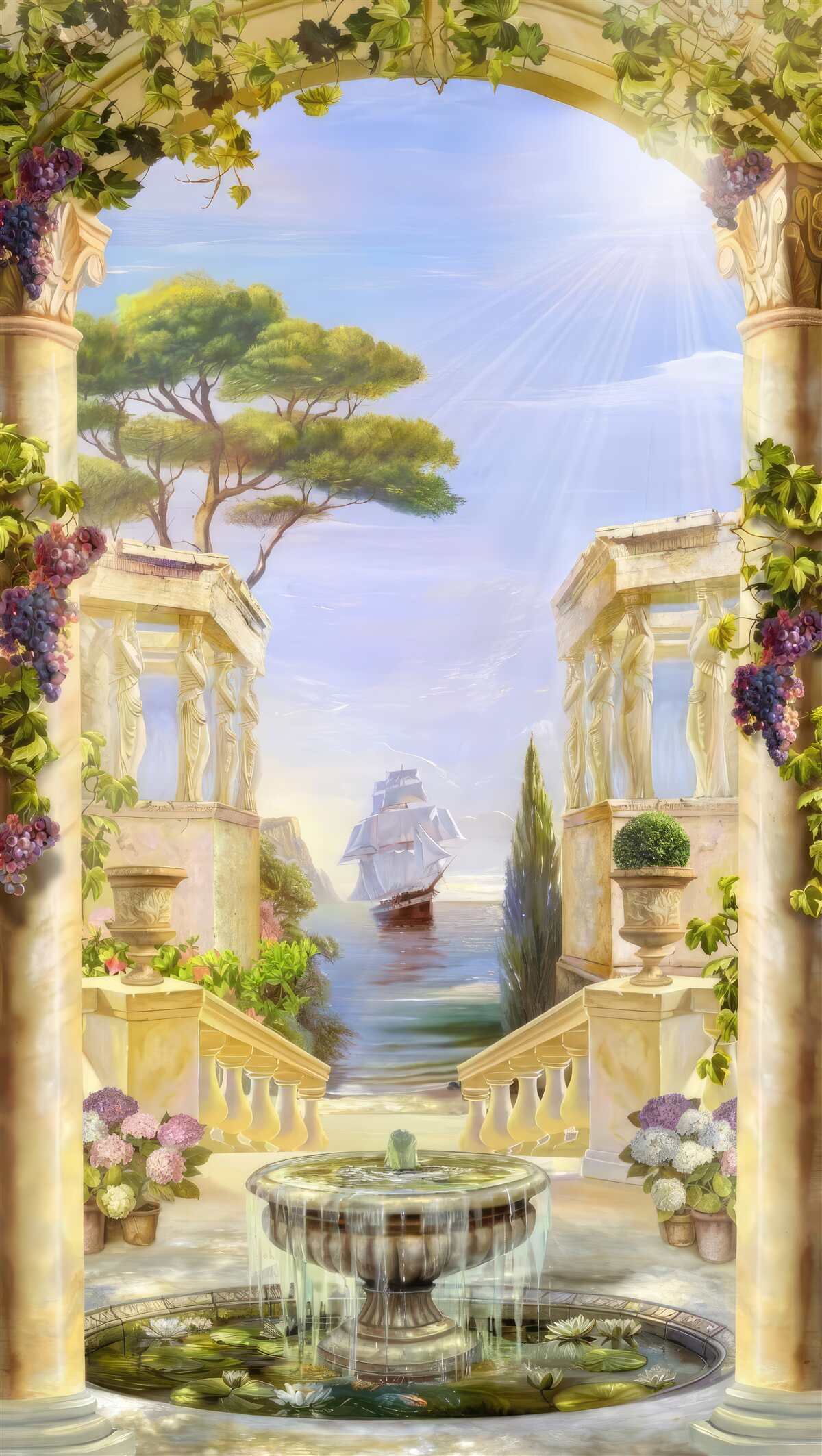 Fotobehang fontein en uitzicht op een passerend schip