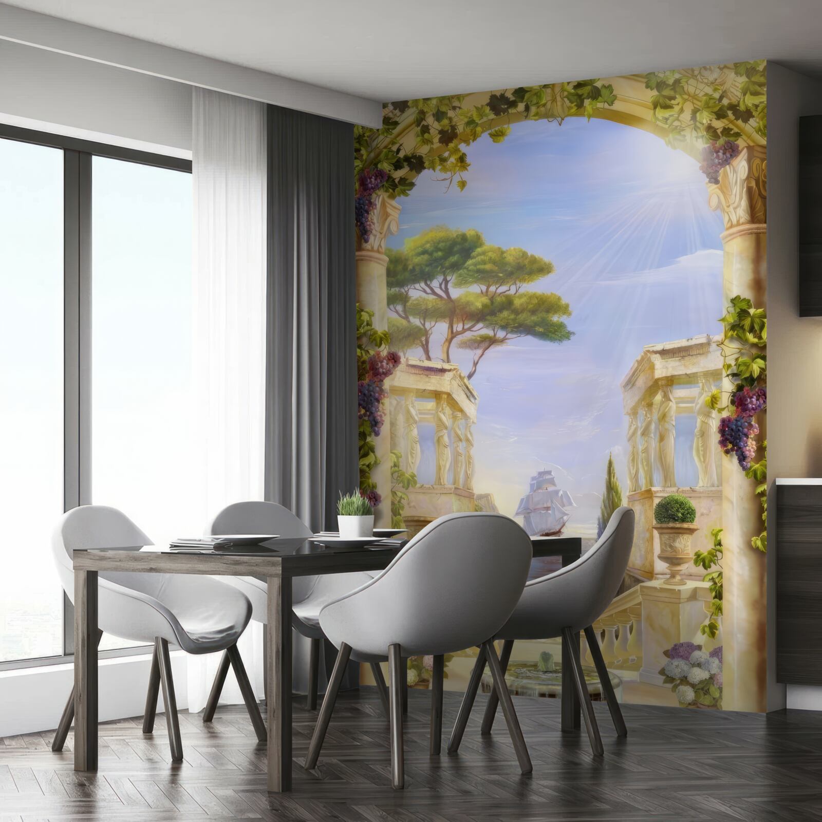 Fotobehang fontein en uitzicht op een passerend schip