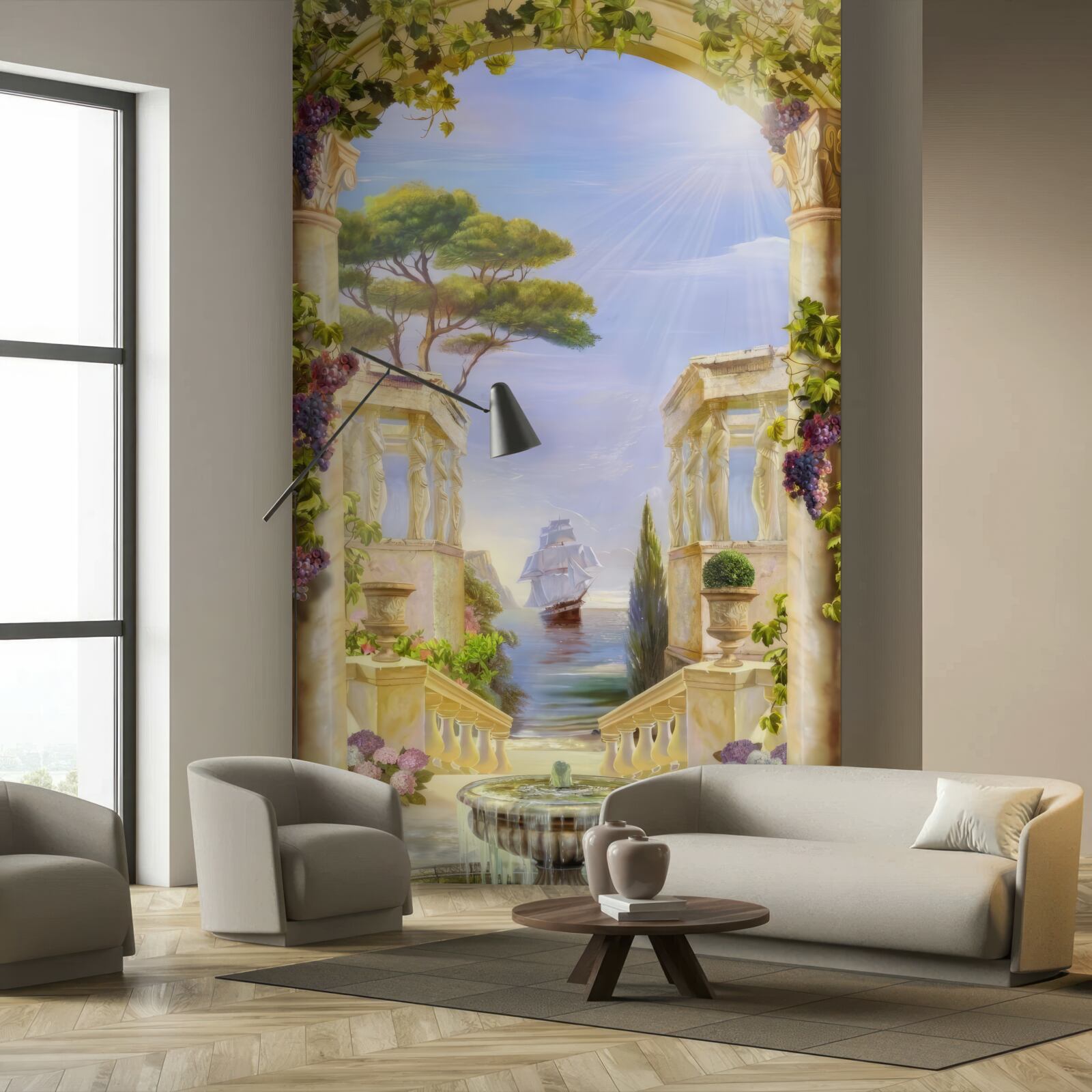 Fotobehang fontein en uitzicht op een passerend schip