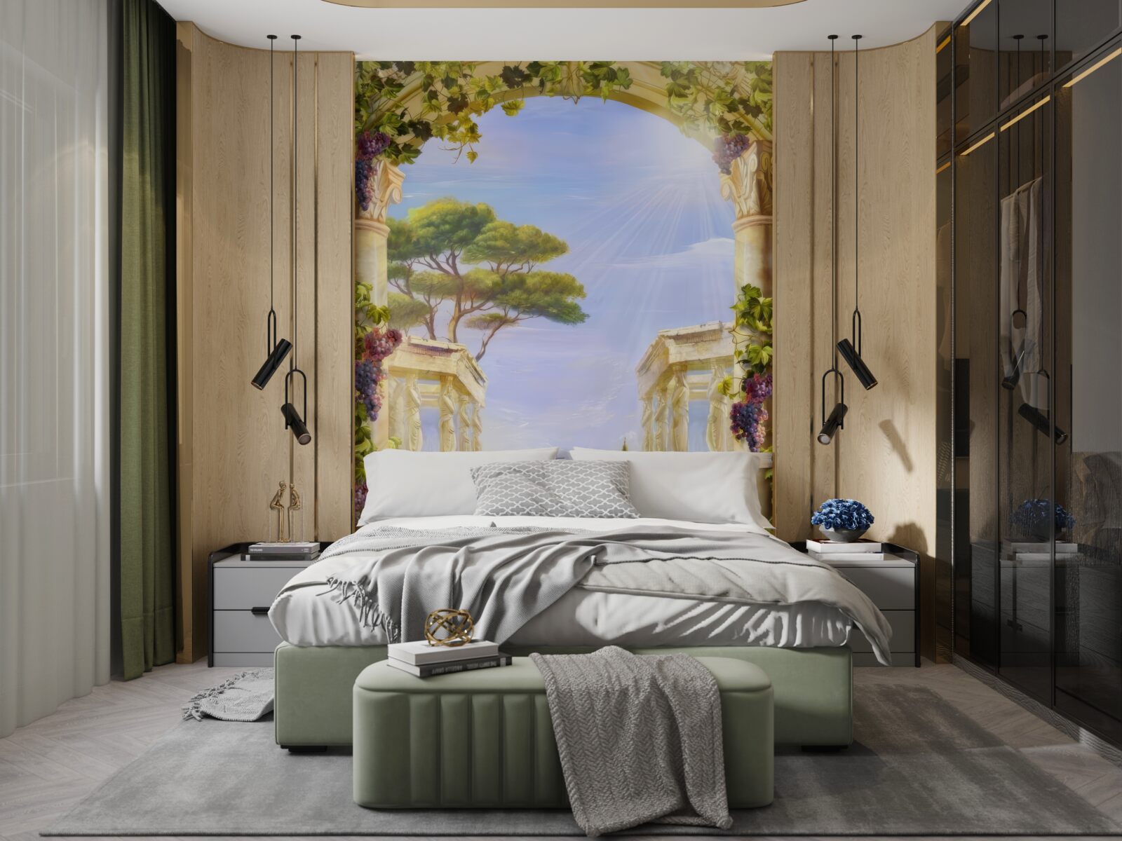 Fotobehang fontein en uitzicht op een passerend schip