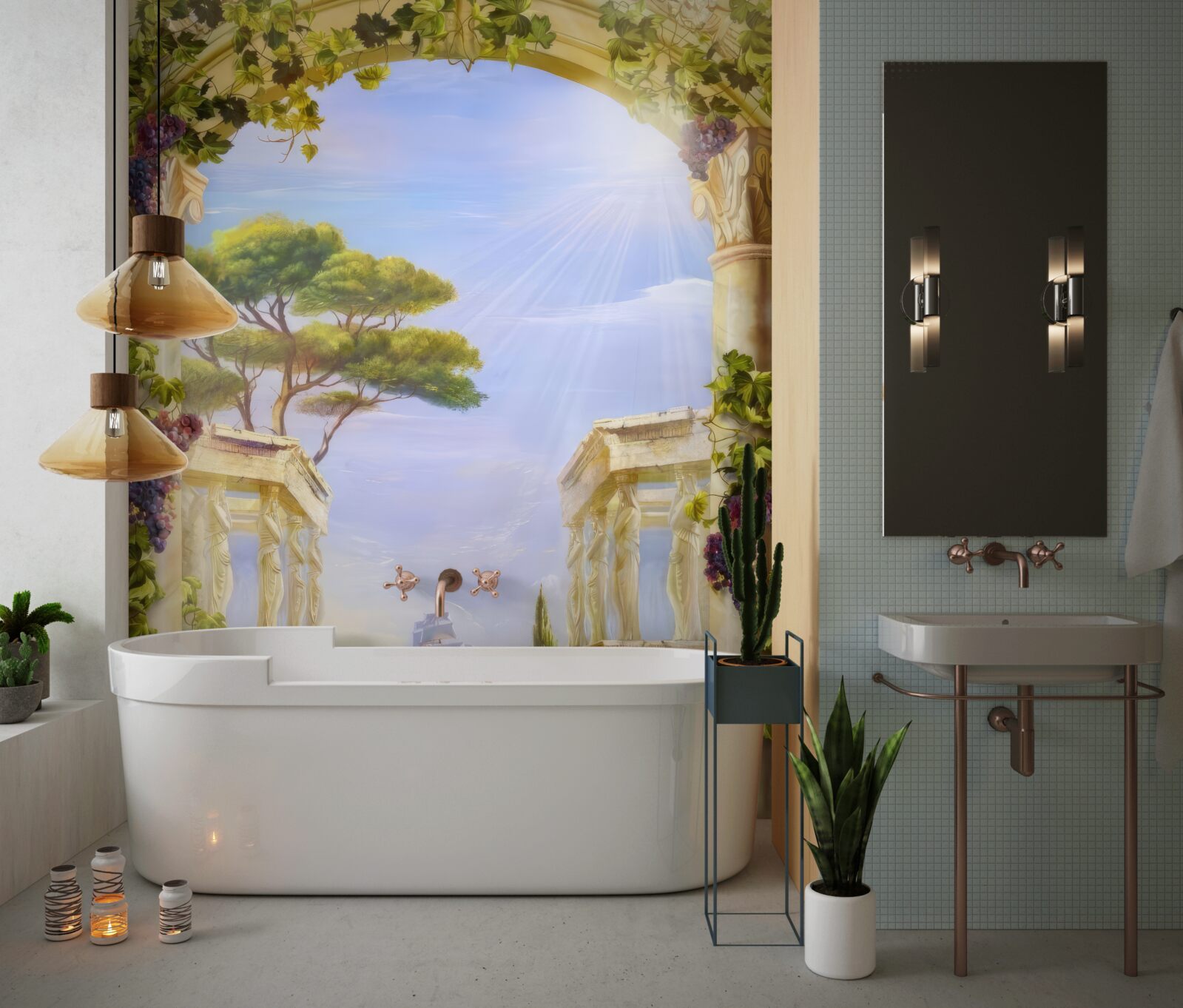 Fotobehang fontein en uitzicht op een passerend schip