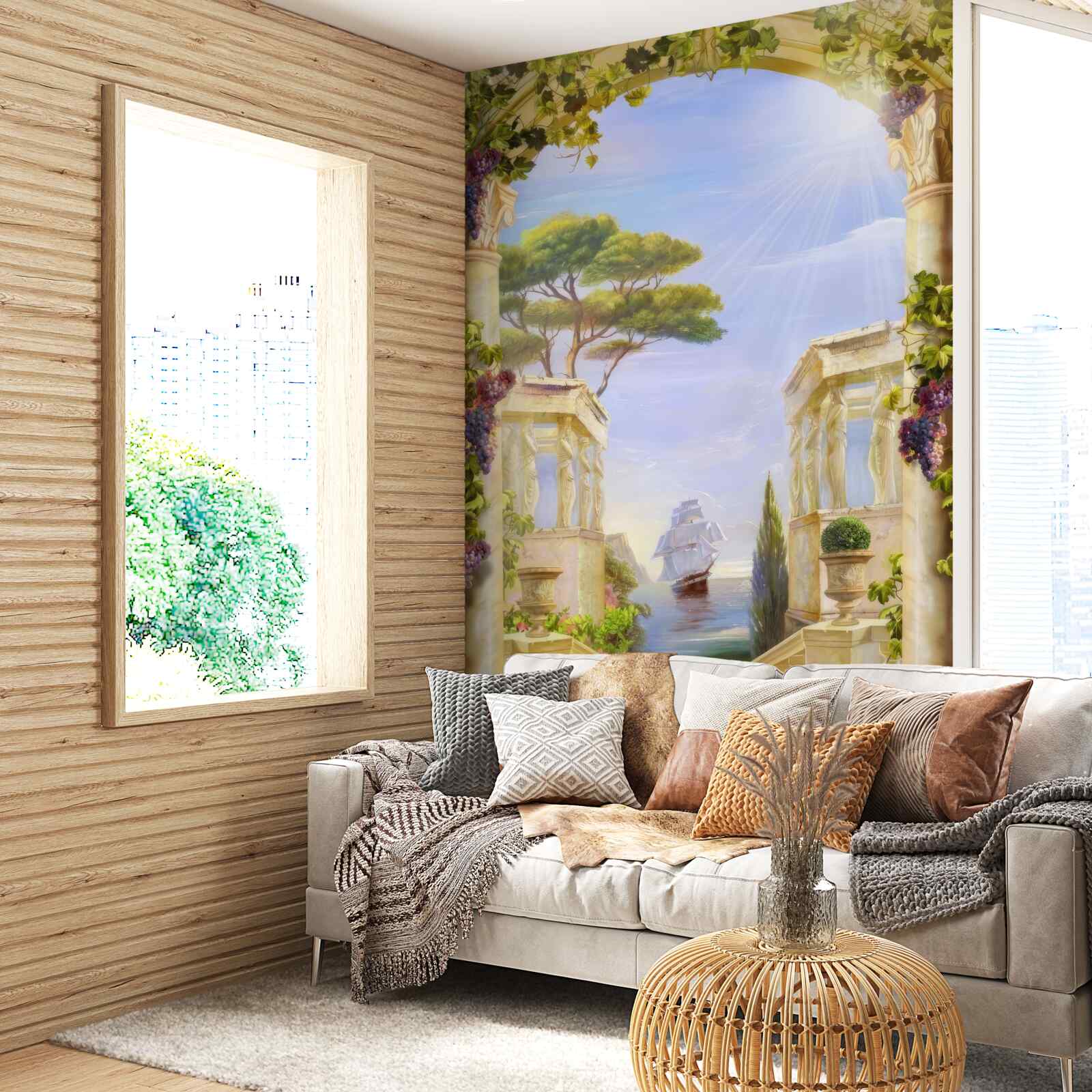 Fotobehang fontein en uitzicht op een passerend schip