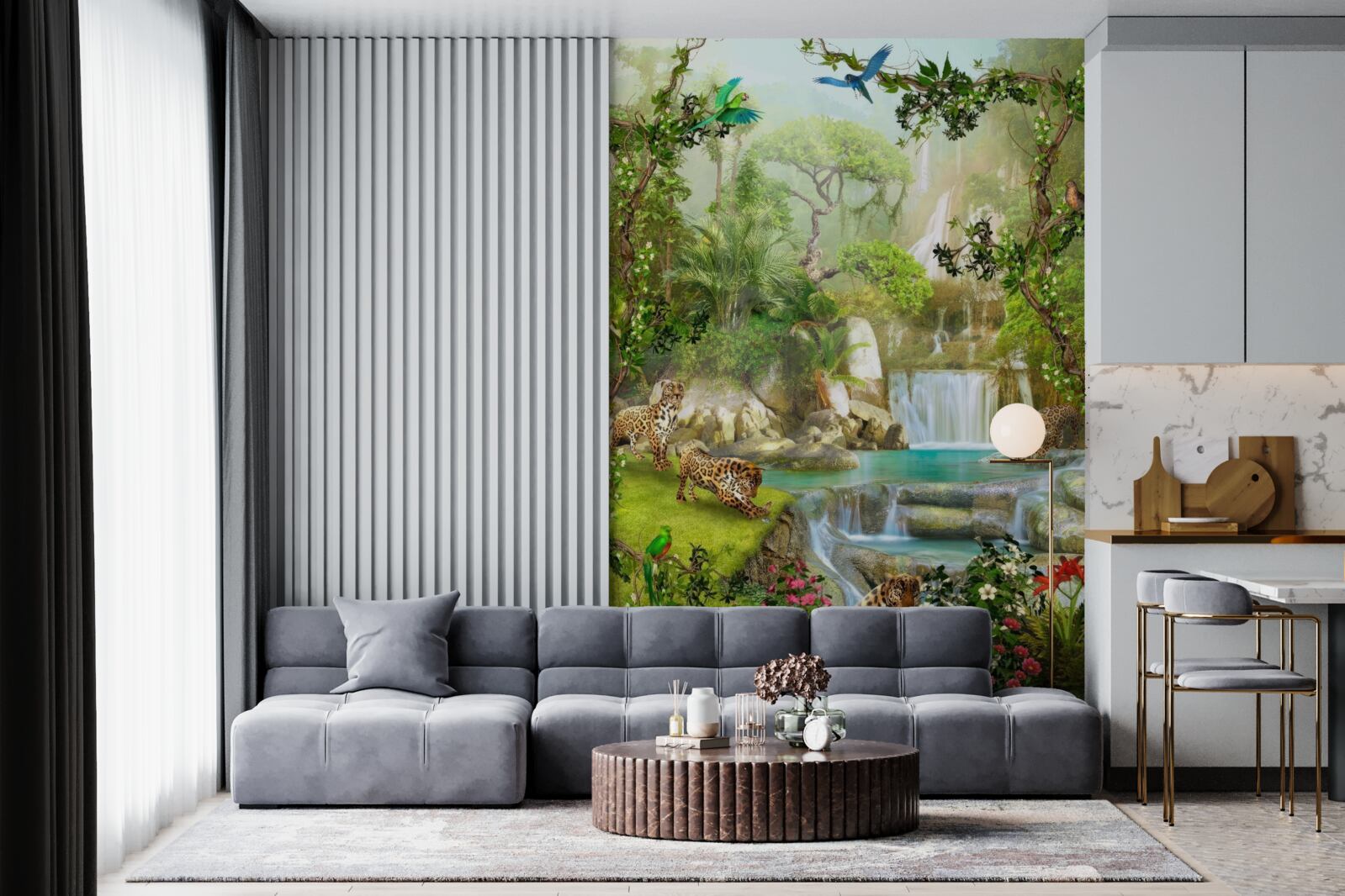 Fotobehang er zijn luipaarden boven de waterval