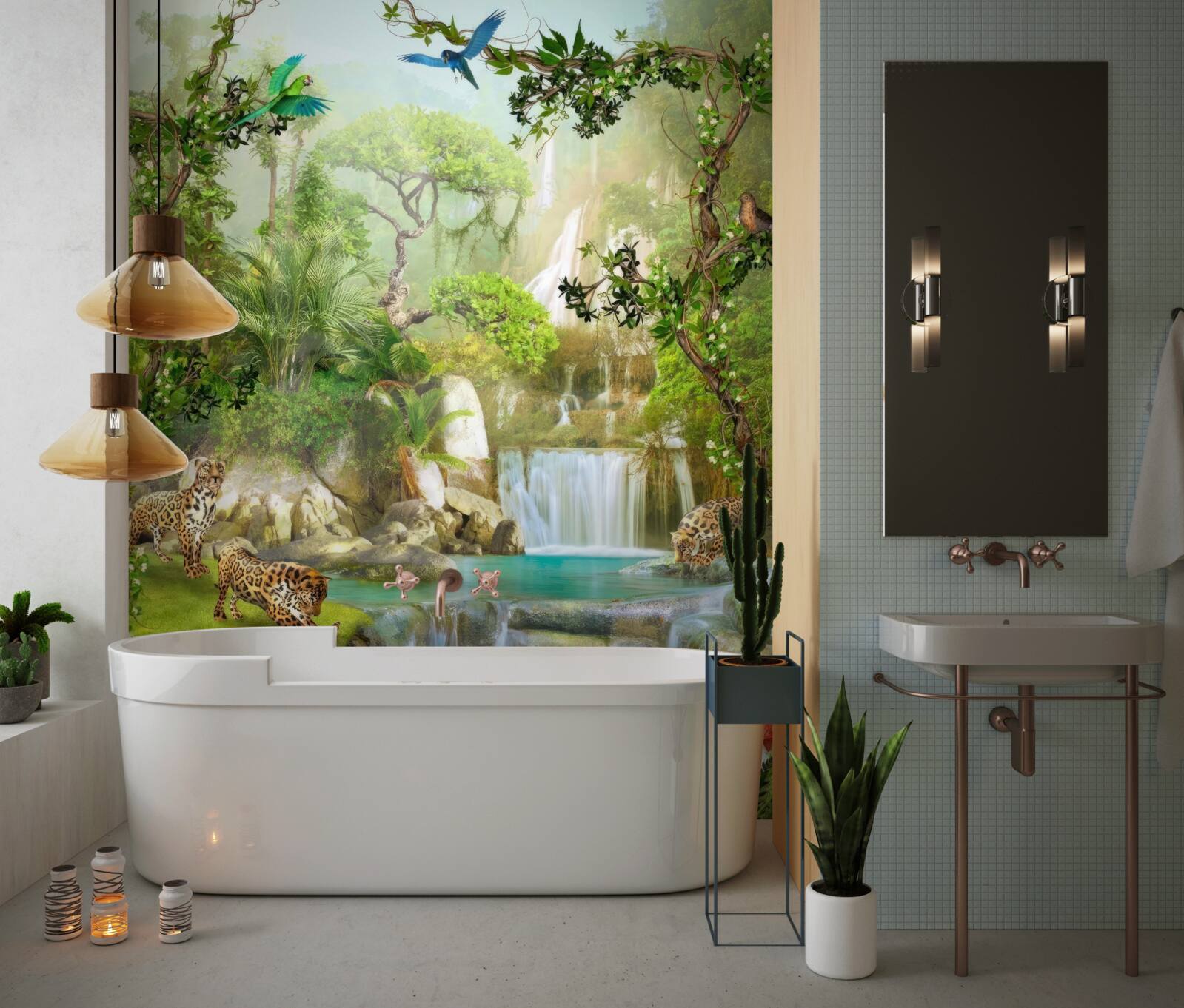 Fotobehang er zijn luipaarden boven de waterval